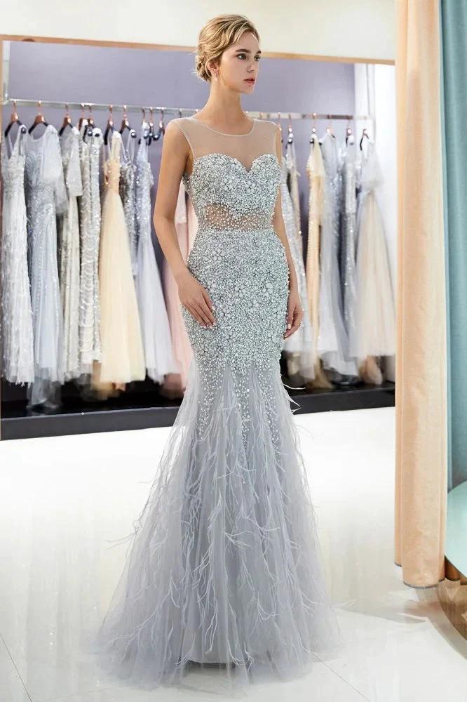 Mermaid Sleeveless Illusion Neckline Crystal Sqeuined Tulle Evening Dress - Image 5