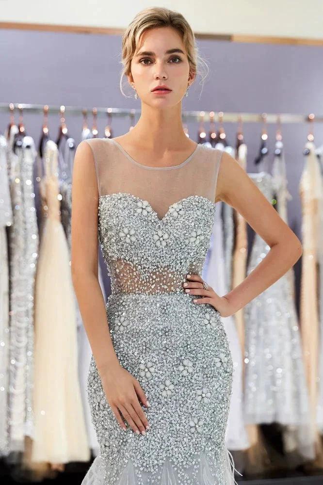 Mermaid Sleeveless Illusion Neckline Crystal Sqeuined Tulle Evening Dress - Image 6