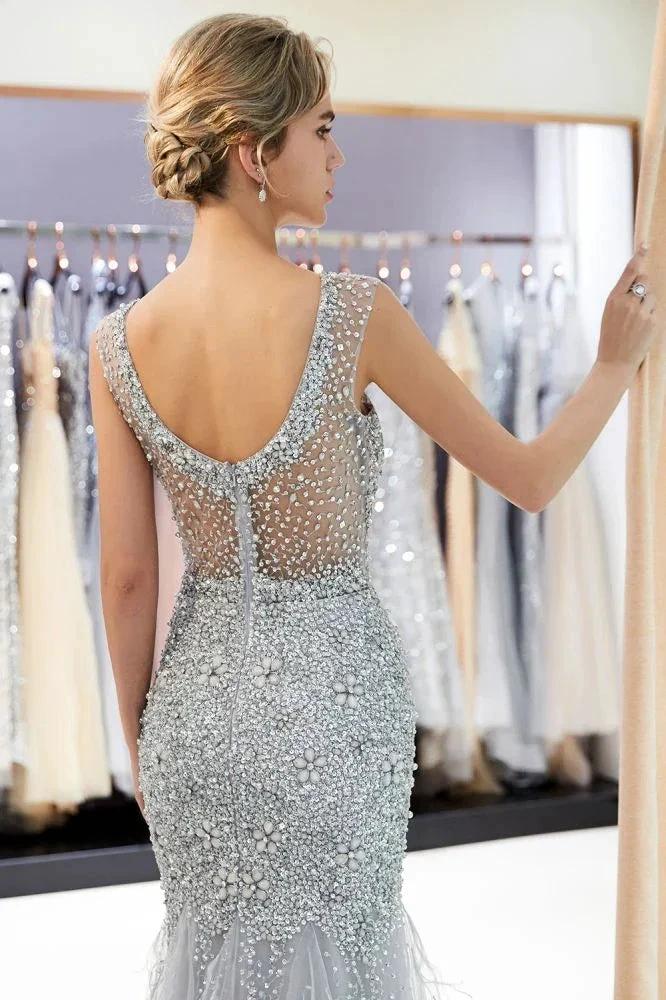Mermaid Sleeveless Illusion Neckline Crystal Sqeuined Tulle Evening Dress - Image 7