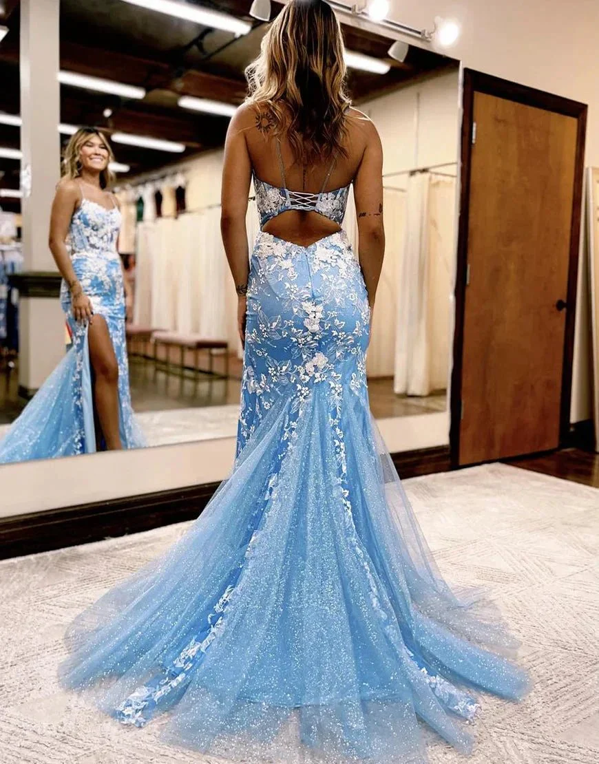 Aubrie |Mermaid Spaghetti Straps Lace Tulle Prom Dress with Slit - Image 3