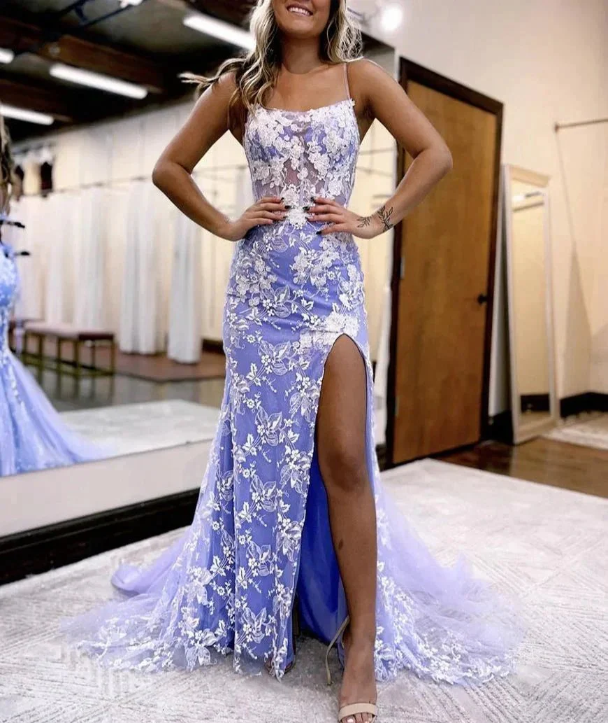 Aubrie |Mermaid Spaghetti Straps Lace Tulle Prom Dress with Slit - Image 4