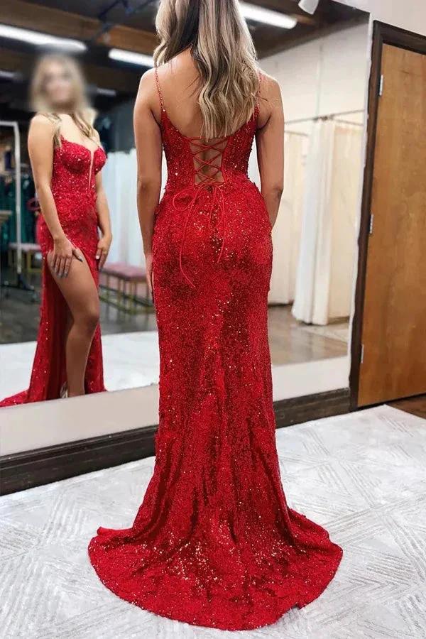 Mermaid Spaghetti Straps Appliques Red Prom Dress with Slit PSK556 - Image 2