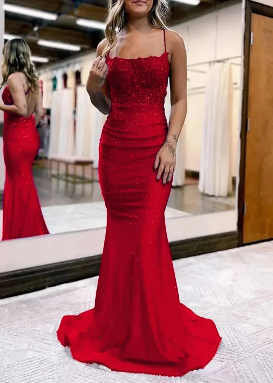 Jimena | Mermaid Spaghetti Straps Dark Green Long Prom Dress with Appliques - Image 8