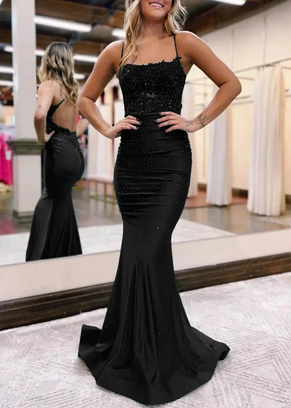 Jimena | Mermaid Spaghetti Straps Dark Green Long Prom Dress with Appliques - Image 9
