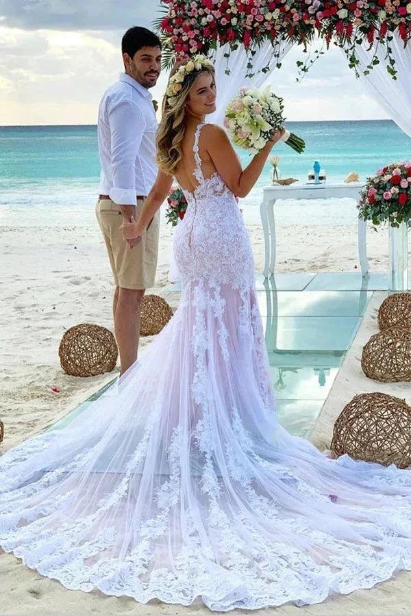 Mermaid Spaghetti Straps Lace Wedding Dress Beach Bridal Gown WD642 - Image 2