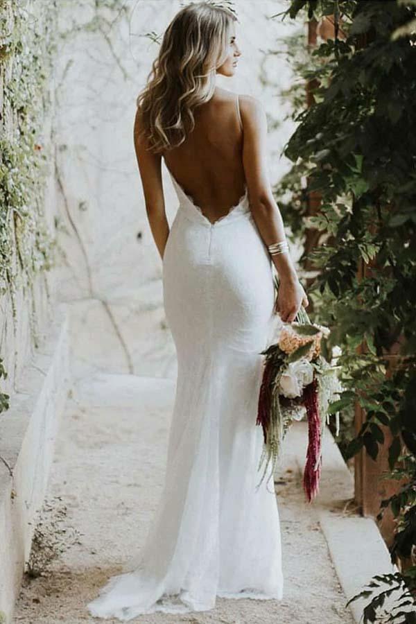 Mermaid Spaghetti Straps Low Cut Backless Lace Wedding Dress  WD310 - Image 3