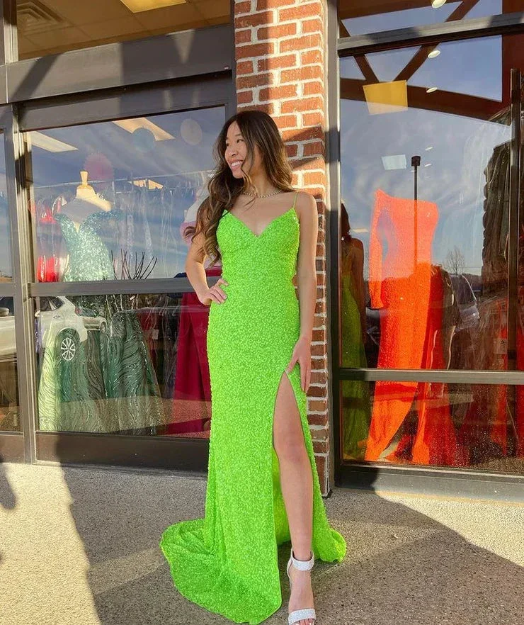 Mermaid Spaghetti Straps Sequins Long Evening Dress Side Split Y408 - Image 2
