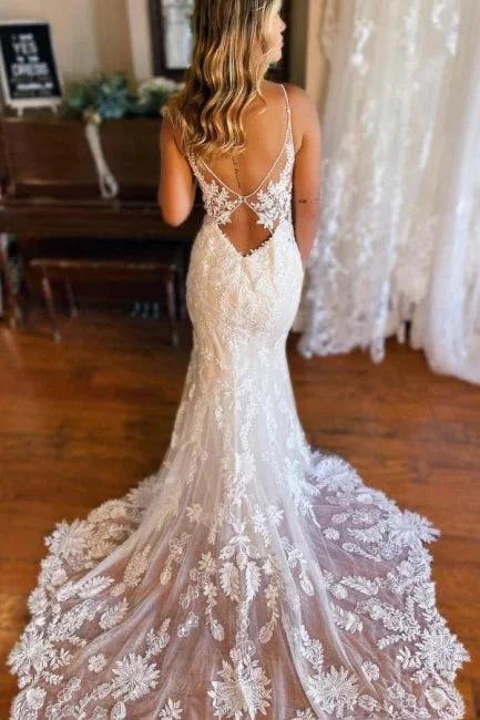 Mermaid Spaghetti Straps V-neck Backless Lace Wedding Dresses - Image 2