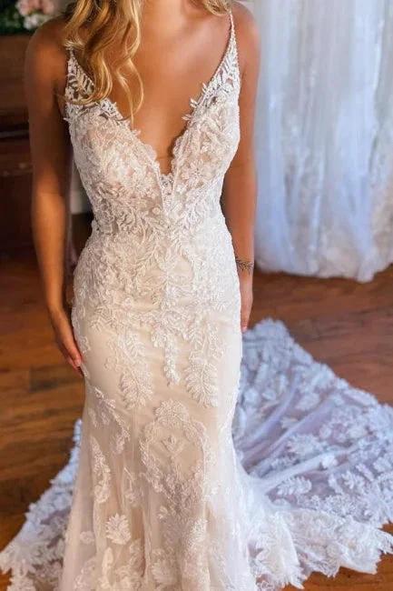 Mermaid Spaghetti Straps V-neck Backless Lace Wedding Dresses - Image 3