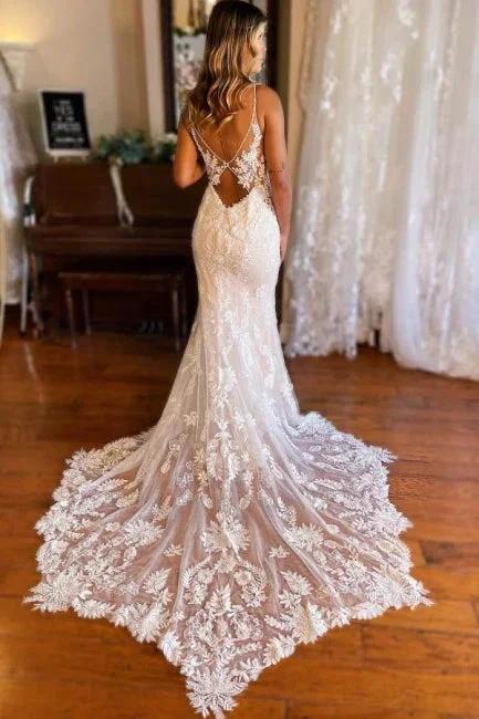 Mermaid Spaghetti Straps V-neck Backless Lace Wedding Dresses - Image 4