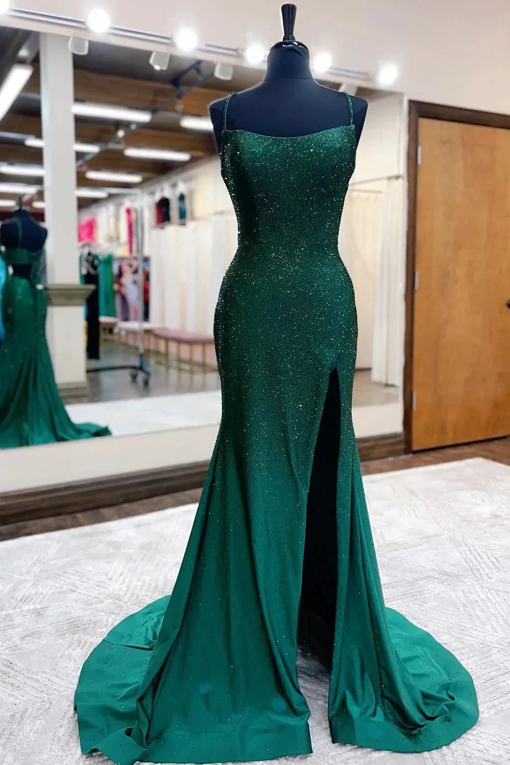 Emelia |Mermaid Spaghettti Strap Beaded Satin Prom Dress with Slit - Image 3