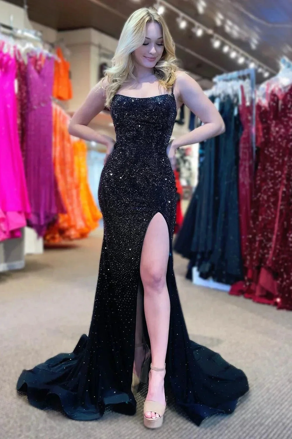 Emelia |Mermaid Spaghettti Strap Beaded Satin Prom Dress with Slit - Image 4