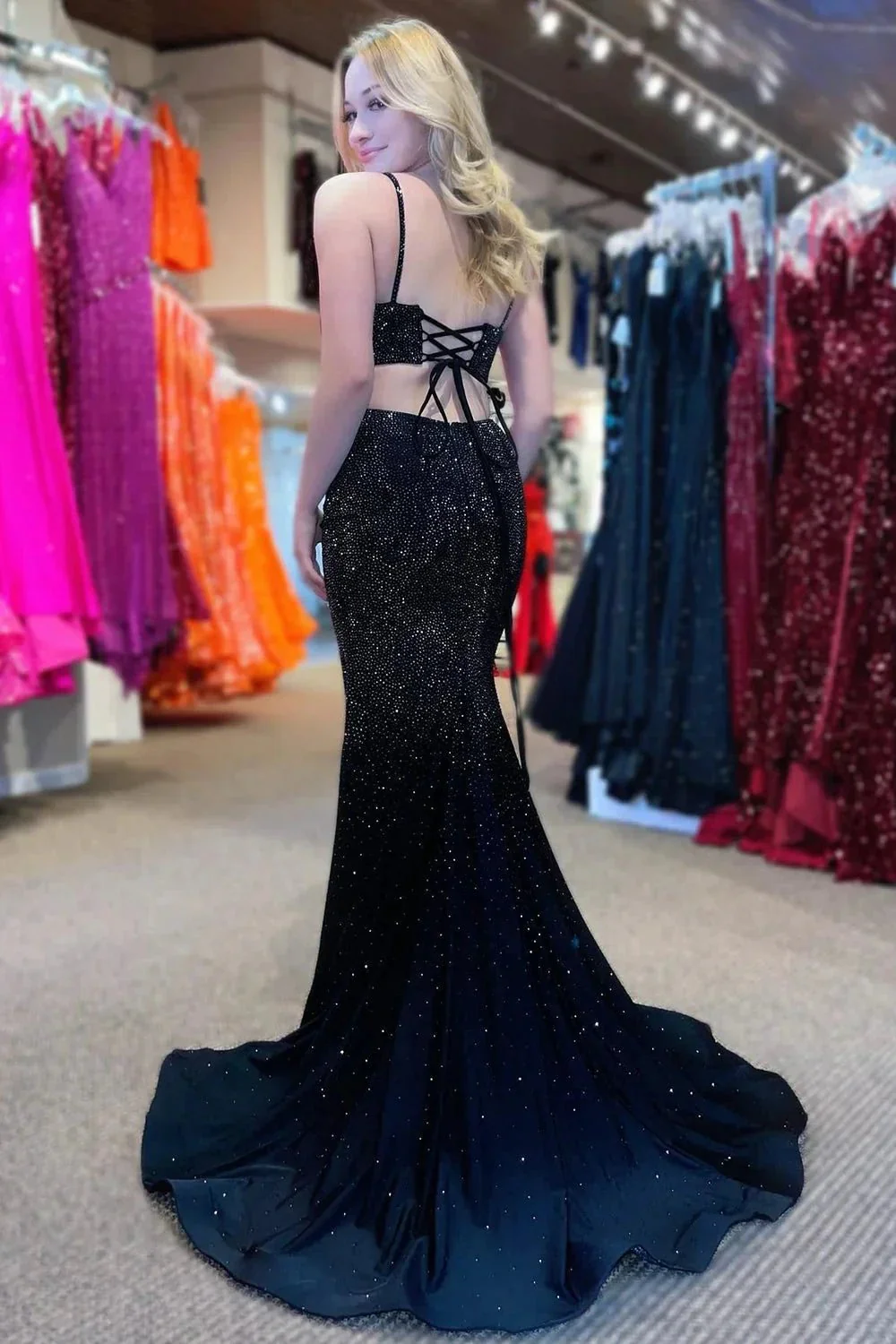 Emelia |Mermaid Spaghettti Strap Beaded Satin Prom Dress with Slit - Image 5