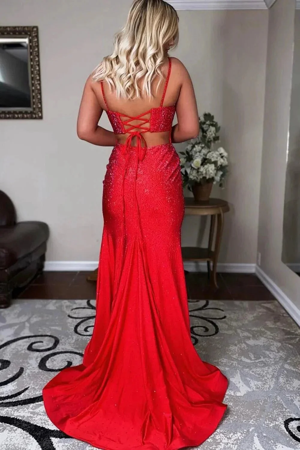 Emelia |Mermaid Spaghettti Strap Beaded Satin Prom Dress with Slit - Image 7
