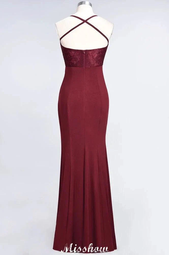 Mermaid spandex Lace Spaghetti-Straps Sleeveless Floor-Length Bridesmaid Dress - Image 2