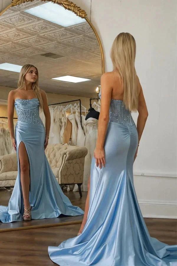 Mermaid Strapless Lace Corset Blue Long Prom Dress with Slit PSK589 - Image 2