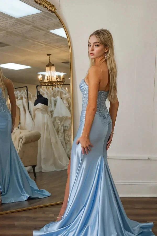 Mermaid Strapless Lace Corset Blue Long Prom Dress with Slit PSK589 - Image 3