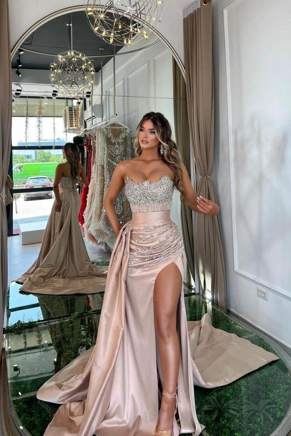 Pink Mermaid Strapless Satin Beading Long Prom Dresses With Split - Image 2