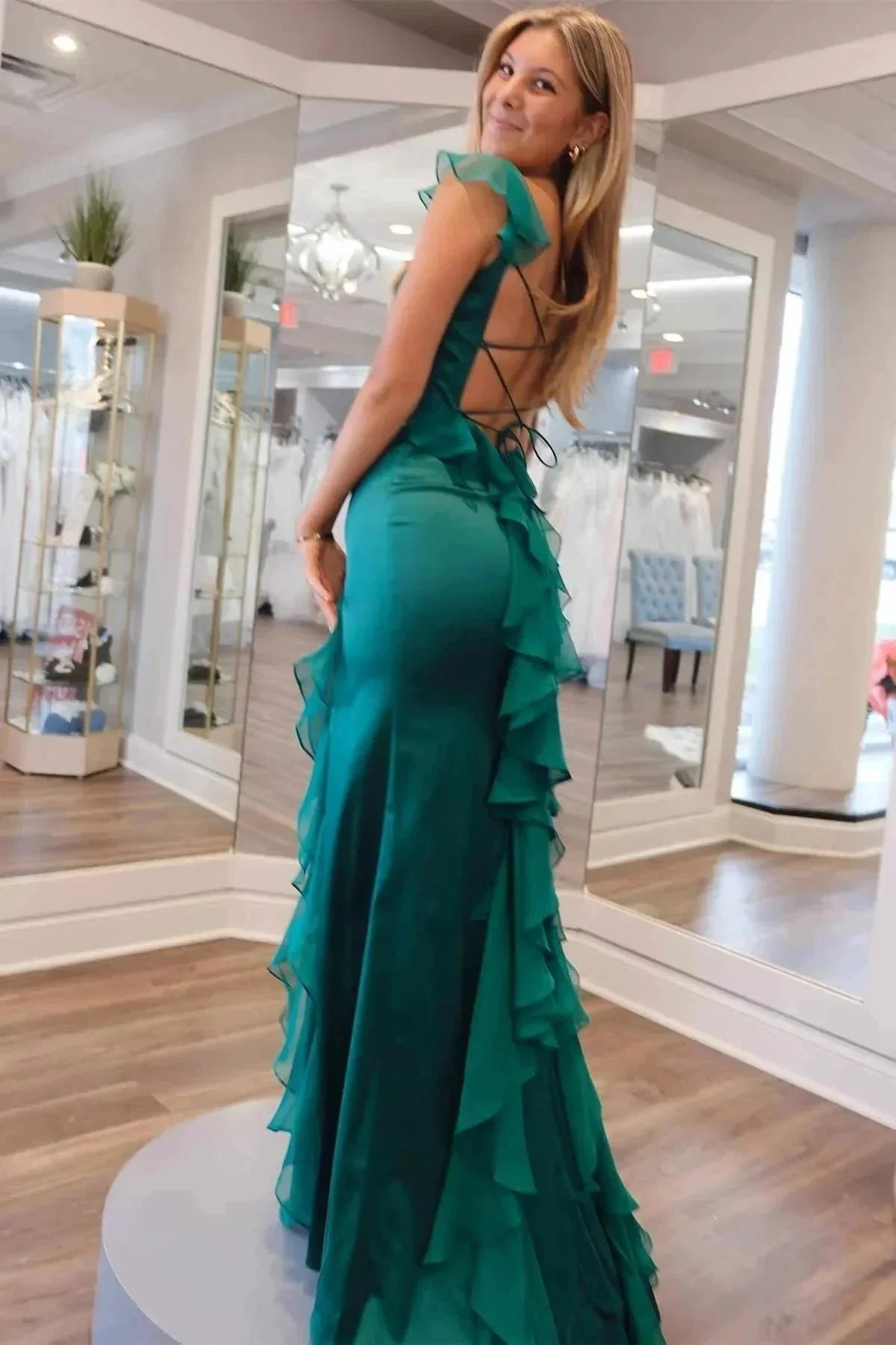 Mermaid Straps Scoop Pleated High Slit Green Long Prom Dress PSK612 - Image 4