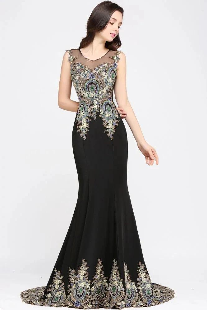 Mermaid Sweep Train Black Sleeveless Evening Dresses with Appliques - Image 2