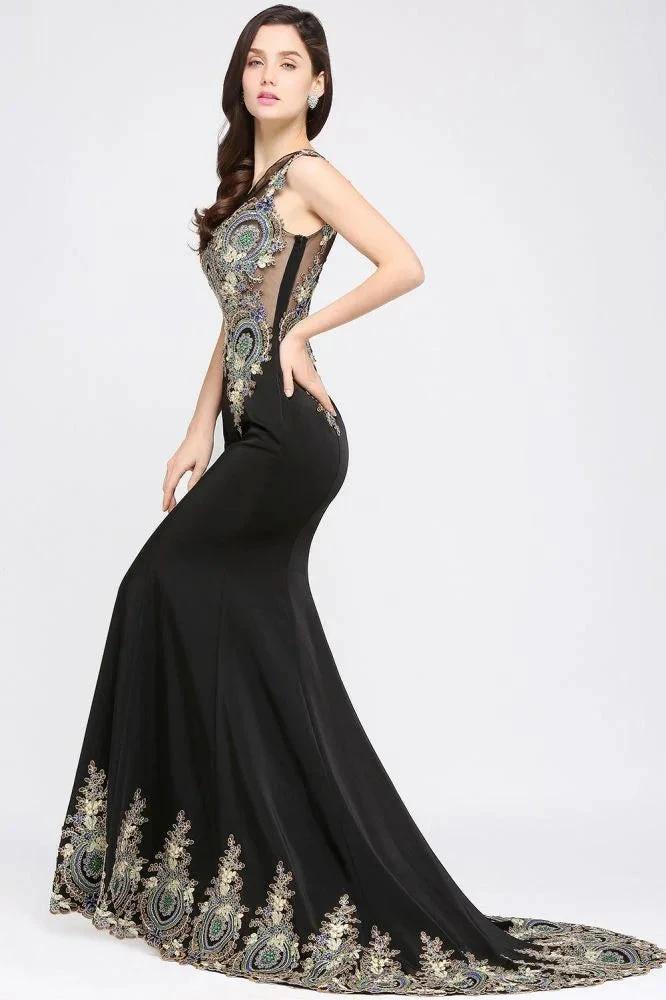 Mermaid Sweep Train Black Sleeveless Evening Dresses with Appliques - Image 3