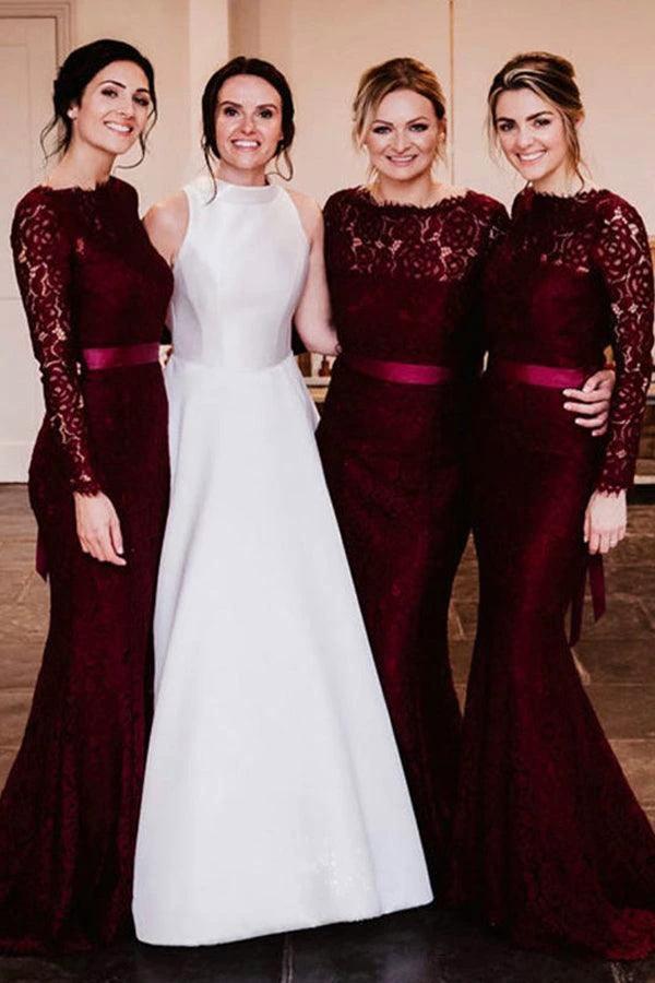 Mermaid Sweep Train Lace Long Sleeve Burgundy Bridesmaid Dresses  BD090 - Image 2