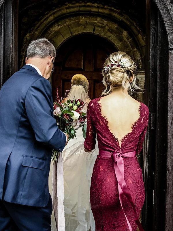 Mermaid Sweep Train Lace Long Sleeve Burgundy Bridesmaid Dresses  BD090 - Image 4