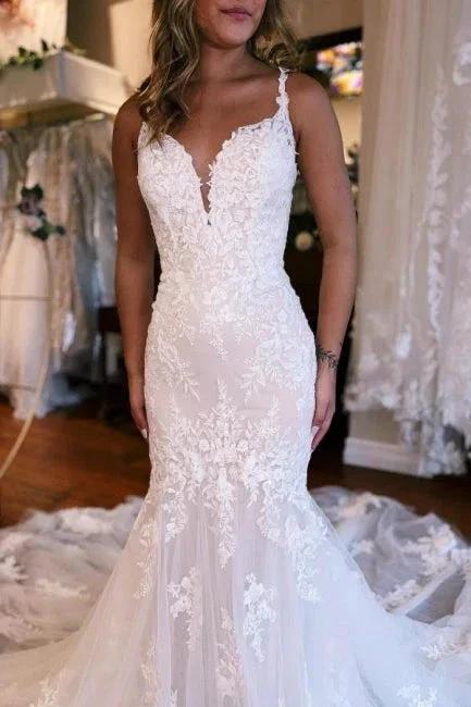 Mermaid Sweetheart Floor-Length Straps Sleeveless Tulle Wedding Dress with Appliques - Image 2