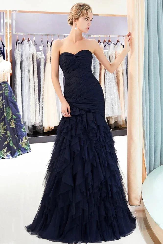 Mermaid Sweetheart Strapless Draped Tulle Long Evening Dress - Image 5