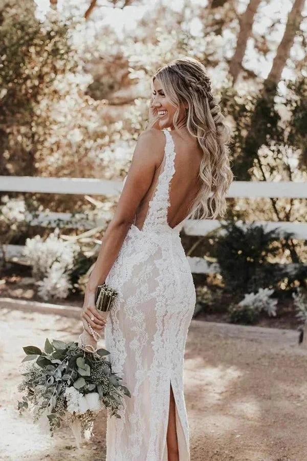 Mermaid/Trumpet Deep V-neck Lace Boho Wedding Dress Bridal Gown WD524 - Image 2