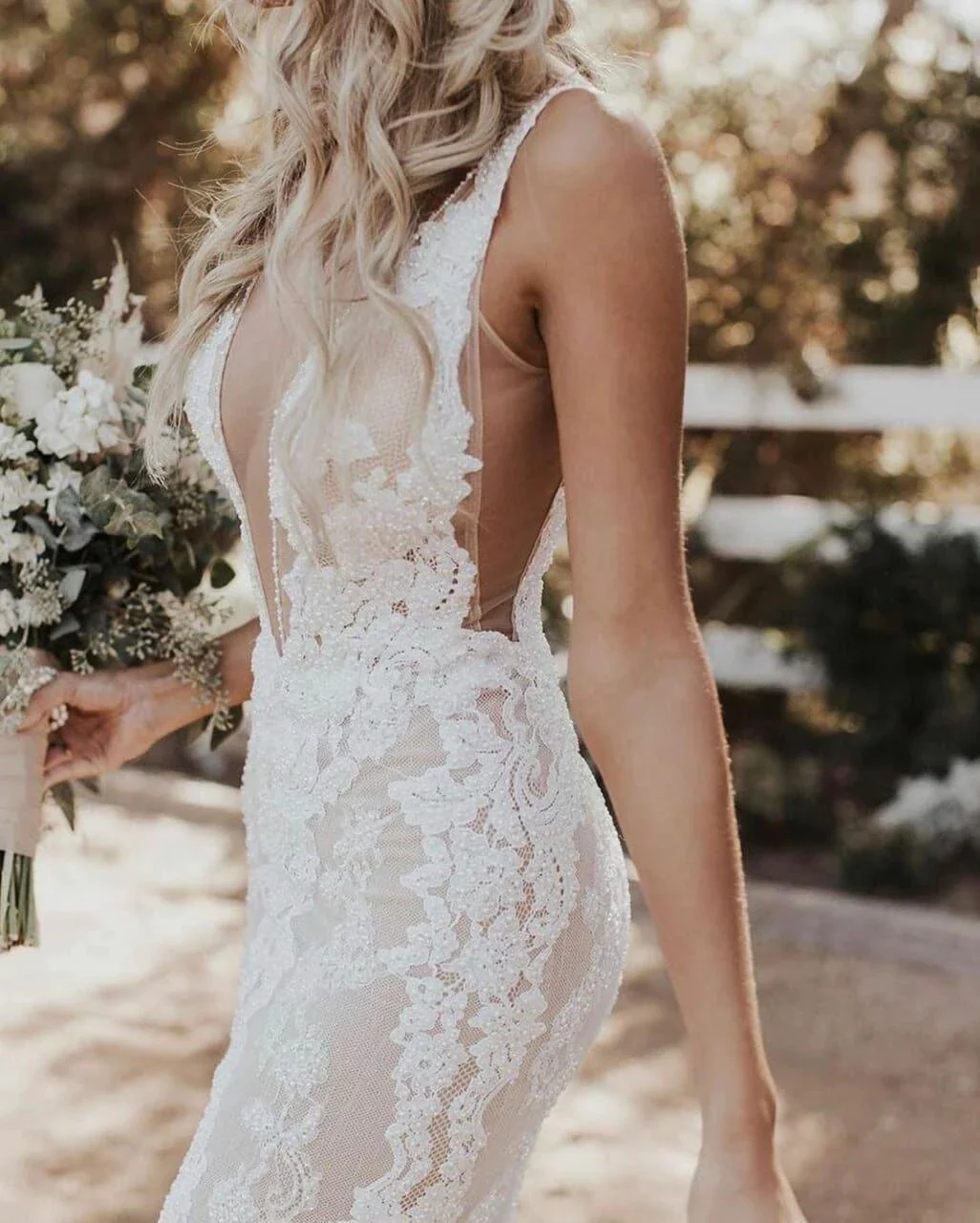 Mermaid/Trumpet Deep V-neck Lace Boho Wedding Dress Bridal Gown WD524 - Image 3
