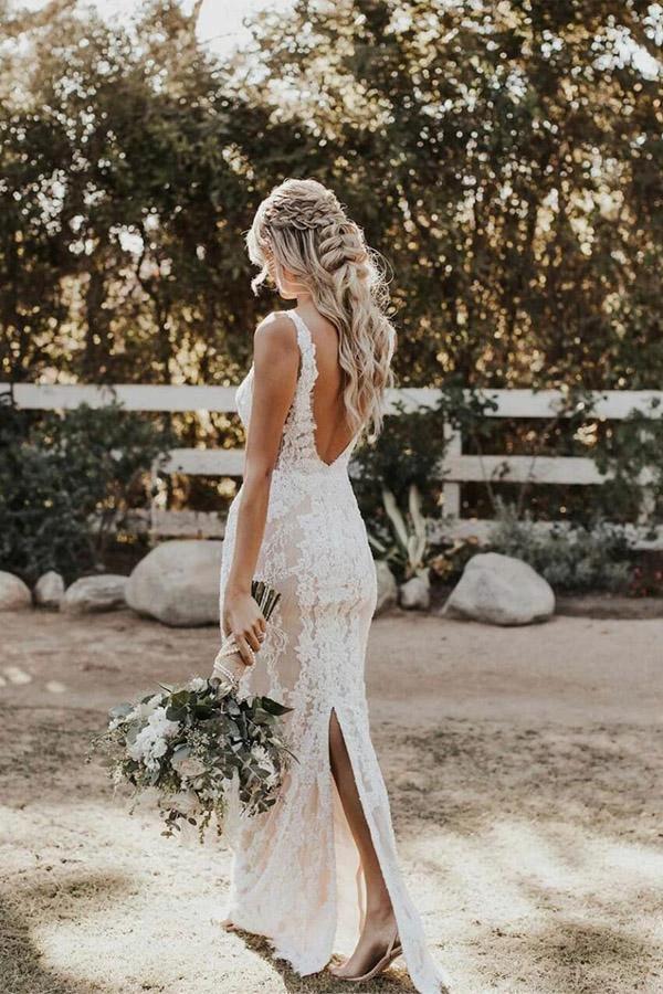 Mermaid/Trumpet Deep V-neck Lace Boho Wedding Dress Bridal Gown WD524 - Image 4