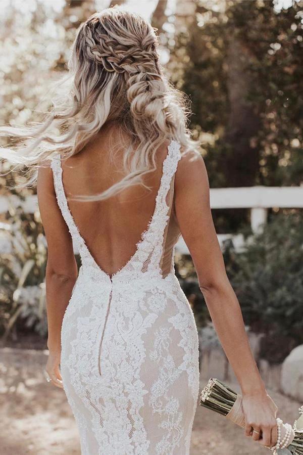 Mermaid/Trumpet Deep V-neck Lace Boho Wedding Dress Bridal Gown WD524 - Image 5