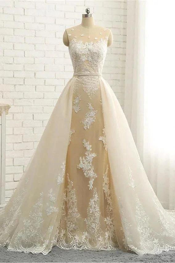Mermaid \ Trumpet Jewel Neck Chapel Train Lace Tulle Lace Over Satin Regular Straps Formal See-Through Wedding Dresses - Image 2