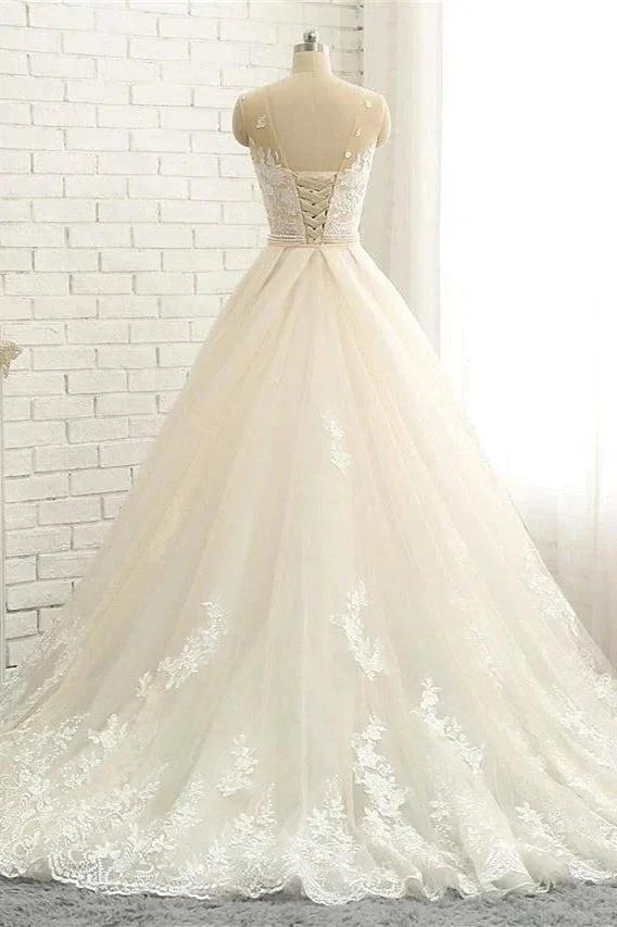 Mermaid \ Trumpet Jewel Neck Chapel Train Lace Tulle Lace Over Satin Regular Straps Formal See-Through Wedding Dresses - Image 3