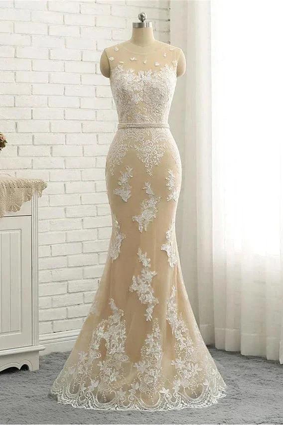 Mermaid \ Trumpet Jewel Neck Chapel Train Lace Tulle Lace Over Satin Regular Straps Formal See-Through Wedding Dresses - Image 4