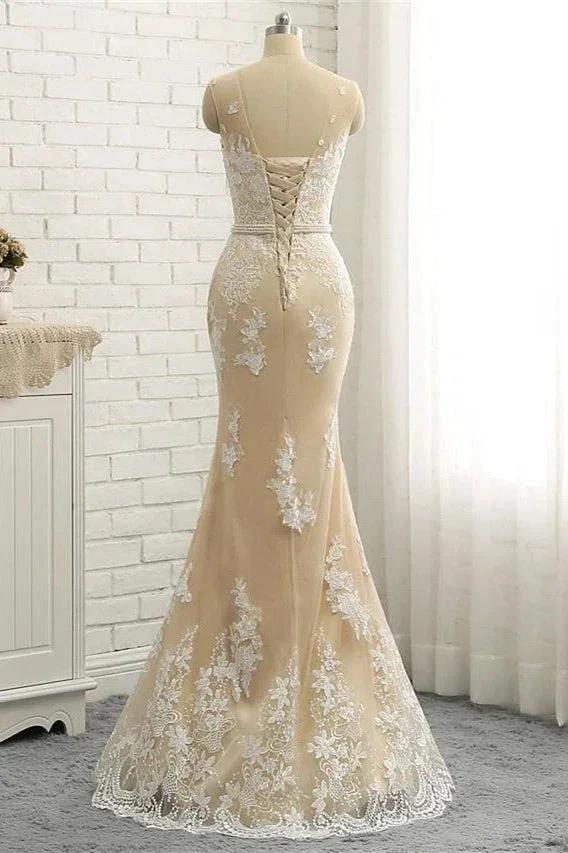 Mermaid \ Trumpet Jewel Neck Chapel Train Lace Tulle Lace Over Satin Regular Straps Formal See-Through Wedding Dresses - Image 5