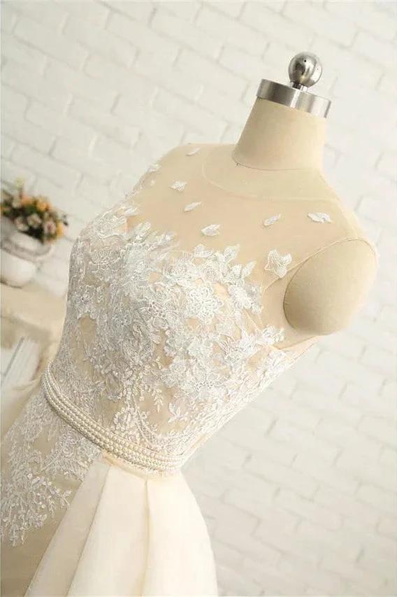 Mermaid \ Trumpet Jewel Neck Chapel Train Lace Tulle Lace Over Satin Regular Straps Formal See-Through Wedding Dresses - Image 6