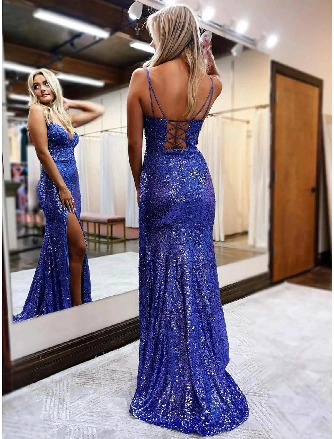 Mermaid Trumpet Prom Dresses Sparkle Shine Dress Formal Wedding Party Sweep Brush Train Sleeveless V Neck Sequined Backless with Glitter Sequin - Image 3