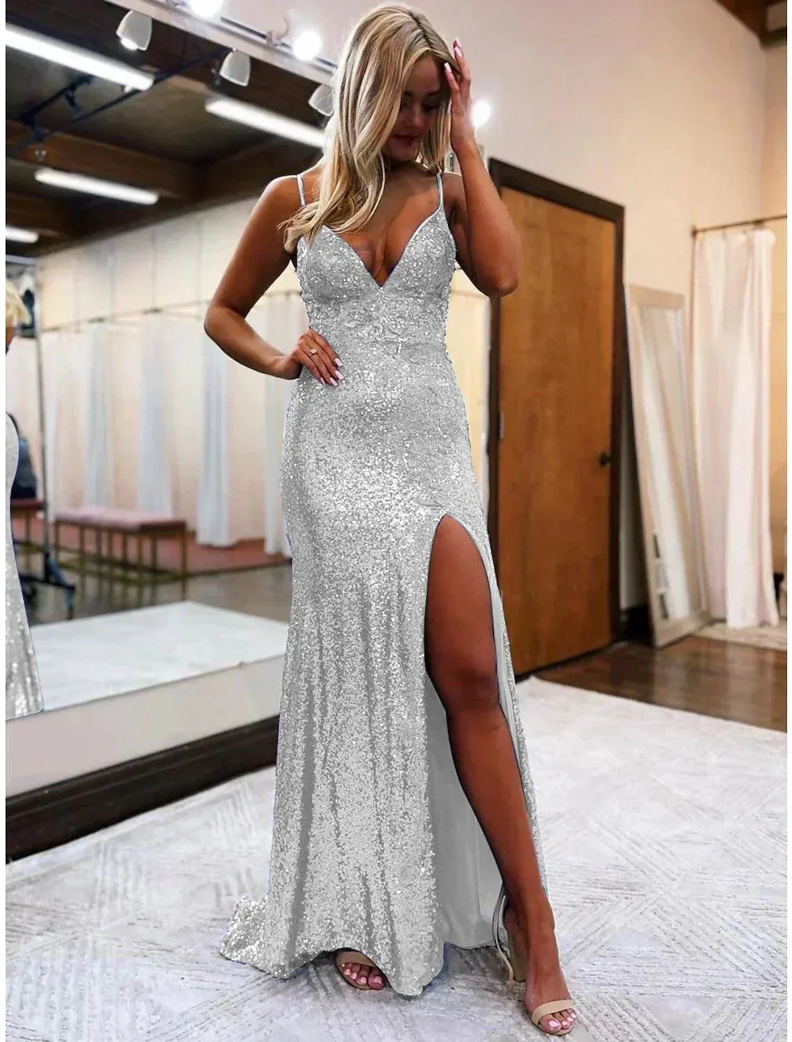Mermaid Trumpet Prom Dresses Sparkle Shine Dress Formal Wedding Party Sweep Brush Train Sleeveless V Neck Sequined Backless with Glitter Sequin - Image 4
