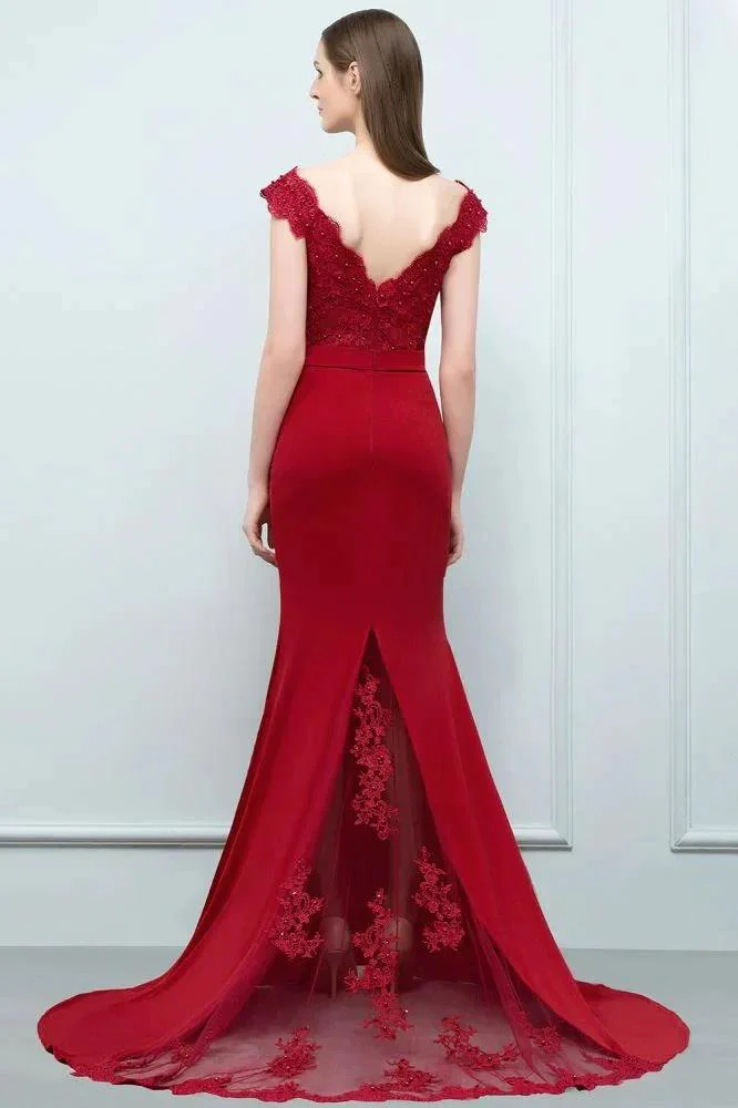 Mermaid V-neck Appliques Beads Floor Length Prom Dresses with Sash - Image 2
