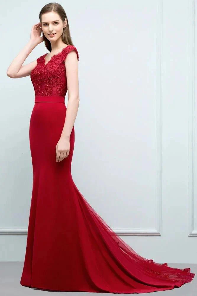 Mermaid V-neck Appliques Beads Floor Length Prom Dresses with Sash - Image 3