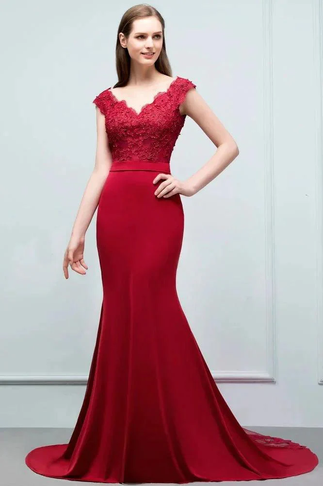 Mermaid V-neck Appliques Beads Floor Length Prom Dresses with Sash - Image 5
