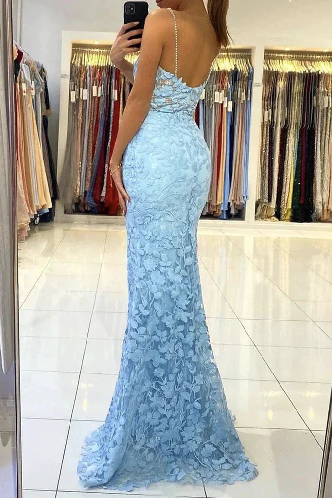 Mermaid V Neck Backless Blue Lace Long Prom Dress, Mermaid Blue Lace Formal Dress, Blue Lace Evening Dress Y333 - Image 3