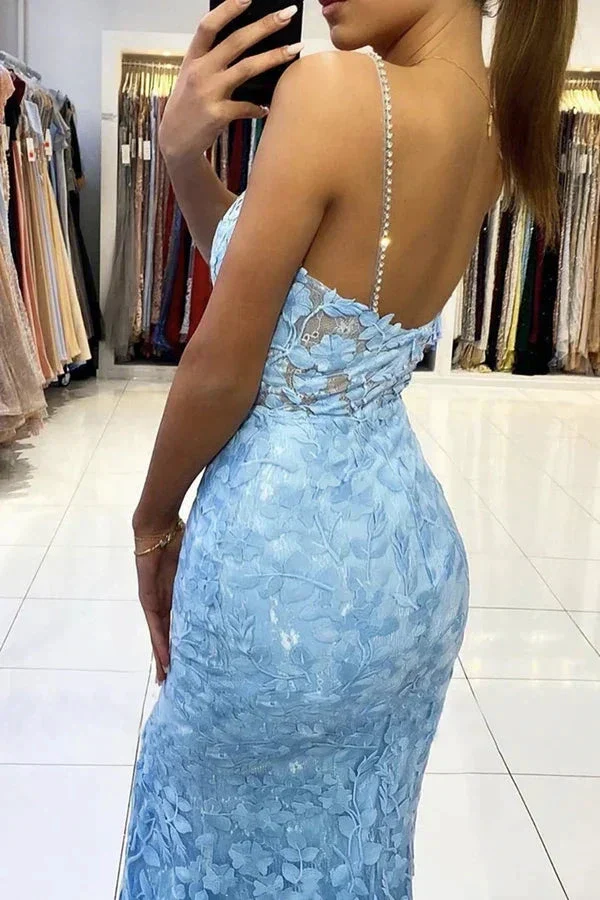 Mermaid V Neck Backless Blue Lace Long Prom Dress, Mermaid Blue Lace Formal Dress, Blue Lace Evening Dress Y1465 - Image 4
