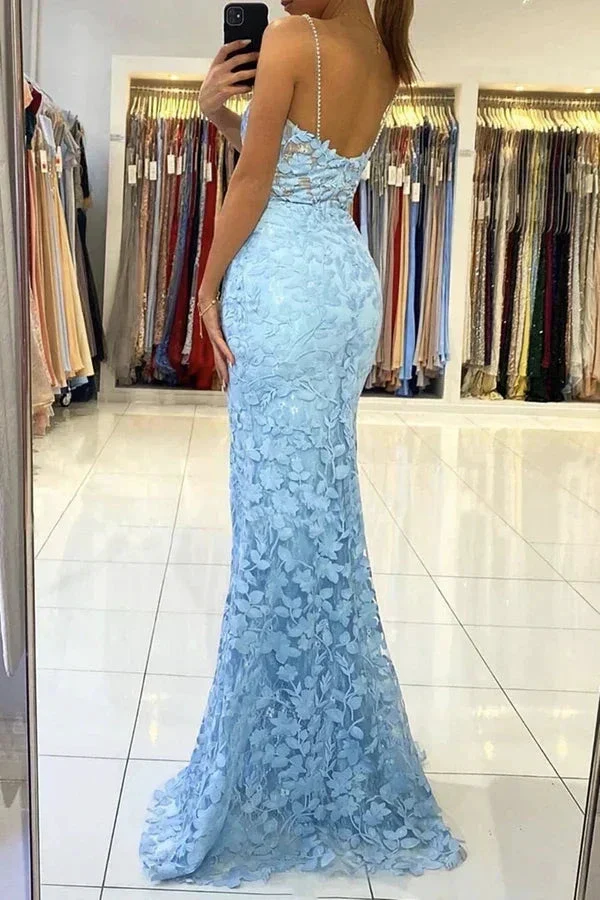 Mermaid V Neck Backless Blue Lace Long Prom Dress, Mermaid Blue Lace Formal Dress, Blue Lace Evening Dress Y1465 - Image 5