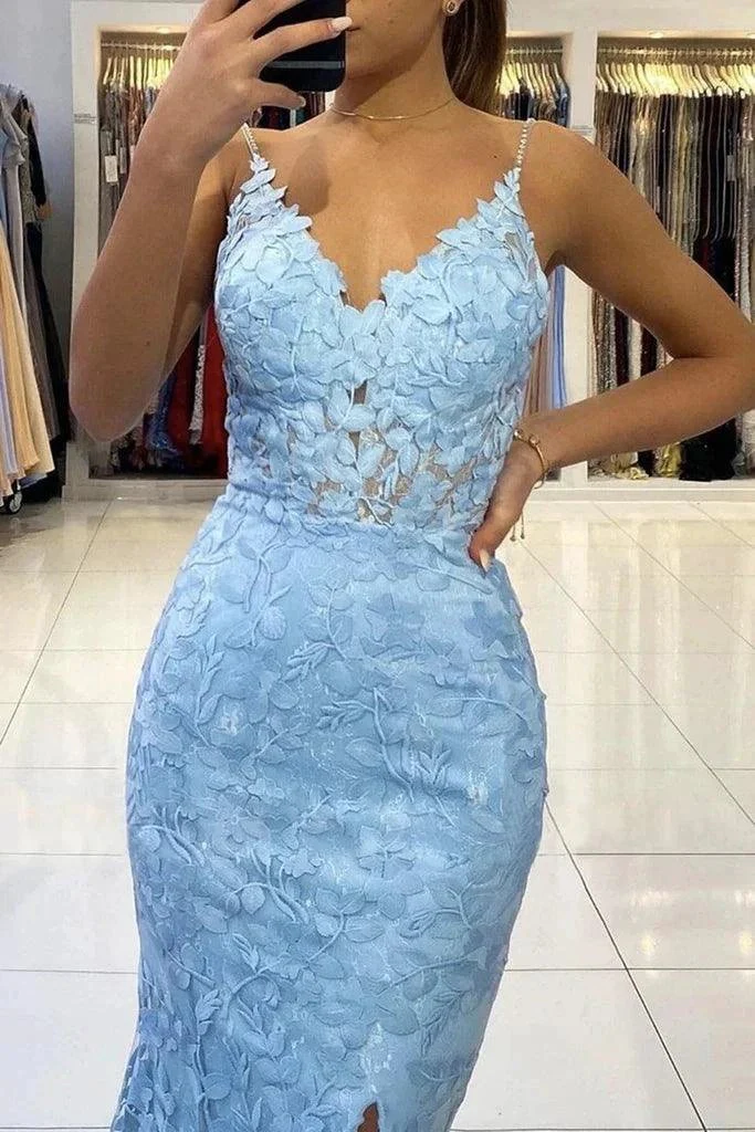 Mermaid V Neck Backless Blue Lace Long Prom Evening Dress  PSK422 - Image 4