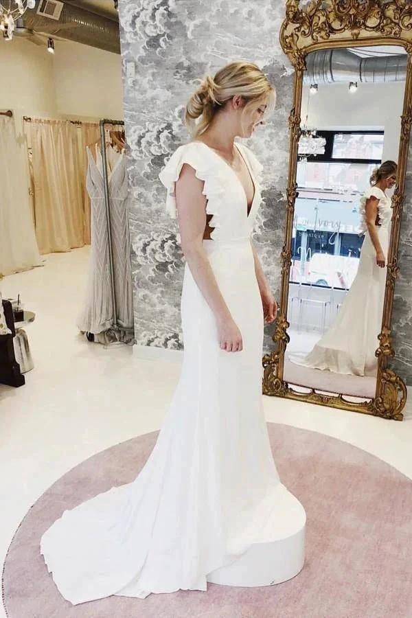 Mermaid V-Neck Cap Sleeves Wedding Dress with Ruffles WD743 - Image 2