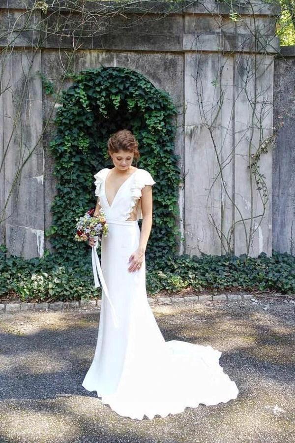 Mermaid V-Neck Cap Sleeves Wedding Dress with Ruffles WD743 - Image 3