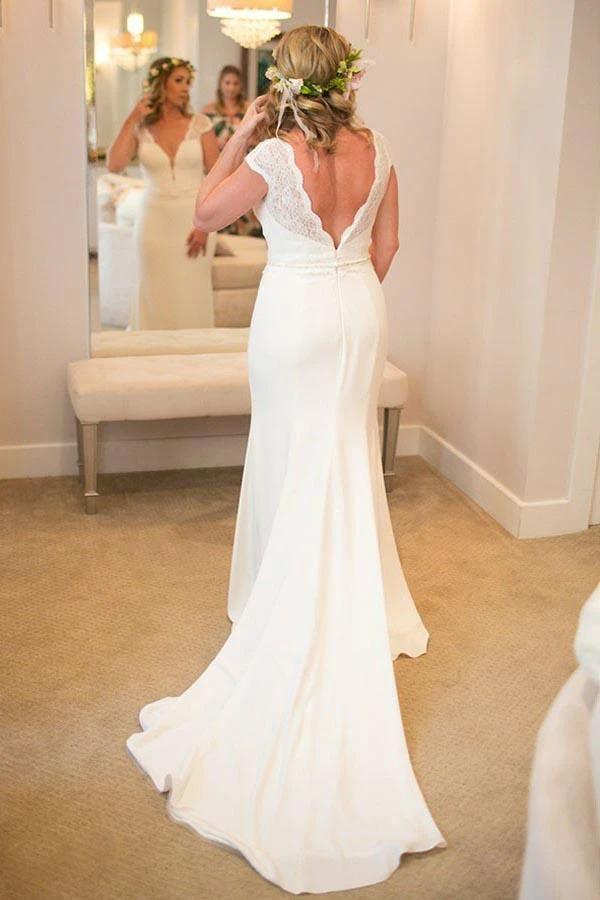 Mermaid V-Neck Court Train Low Cut Satin Wedding Dress with Lace WD279 - Image 5